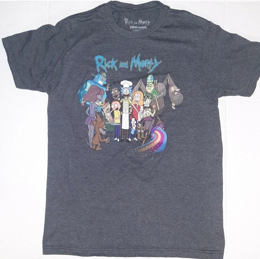 RICK & MORTY Gray Characters Crew Cast Cartoon Network Adult Swim T-Shirt S